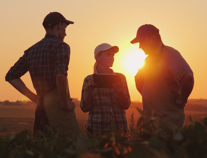 Three people out in a field talking while the sun is setting